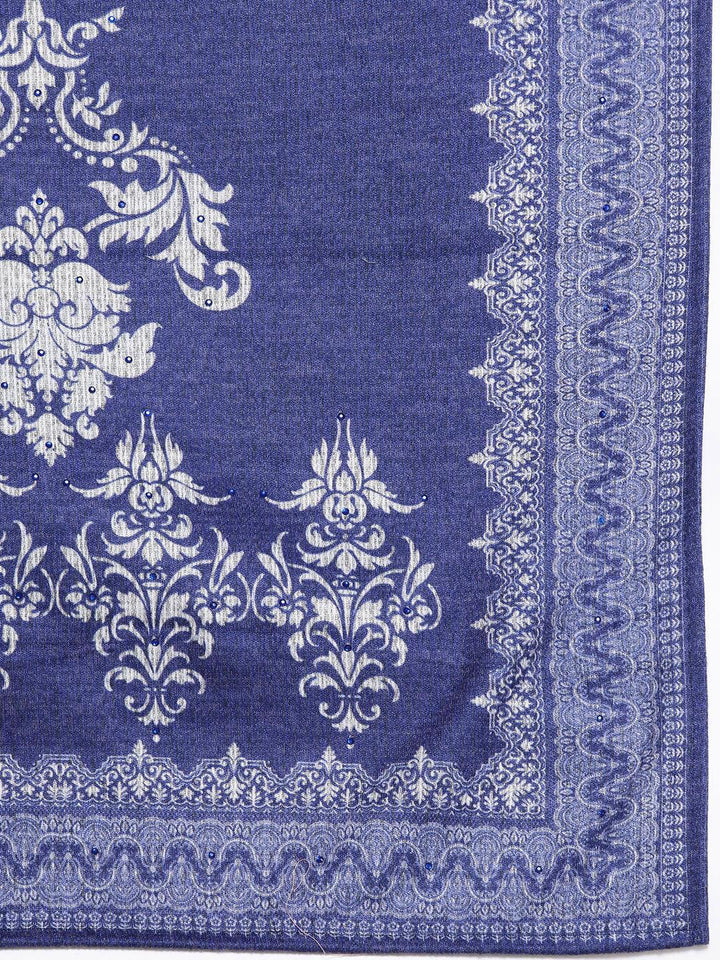 Grey Printed Wool Blend Straight Suit With Dupatta