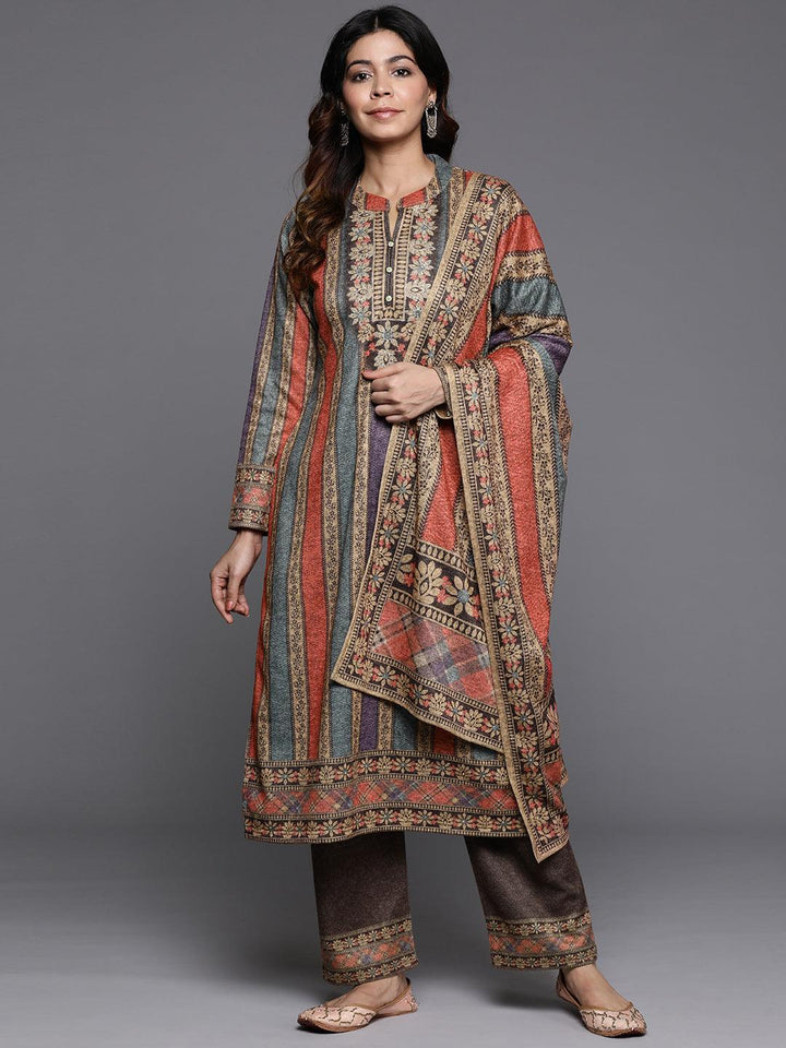 Multicoloured Printed Wool Blend Straight Suit With Dupatta