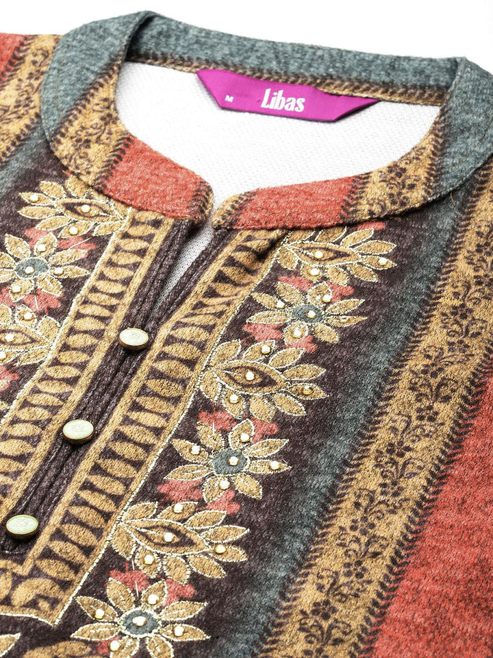 Multicoloured Printed Wool Blend Straight Suit With Dupatta