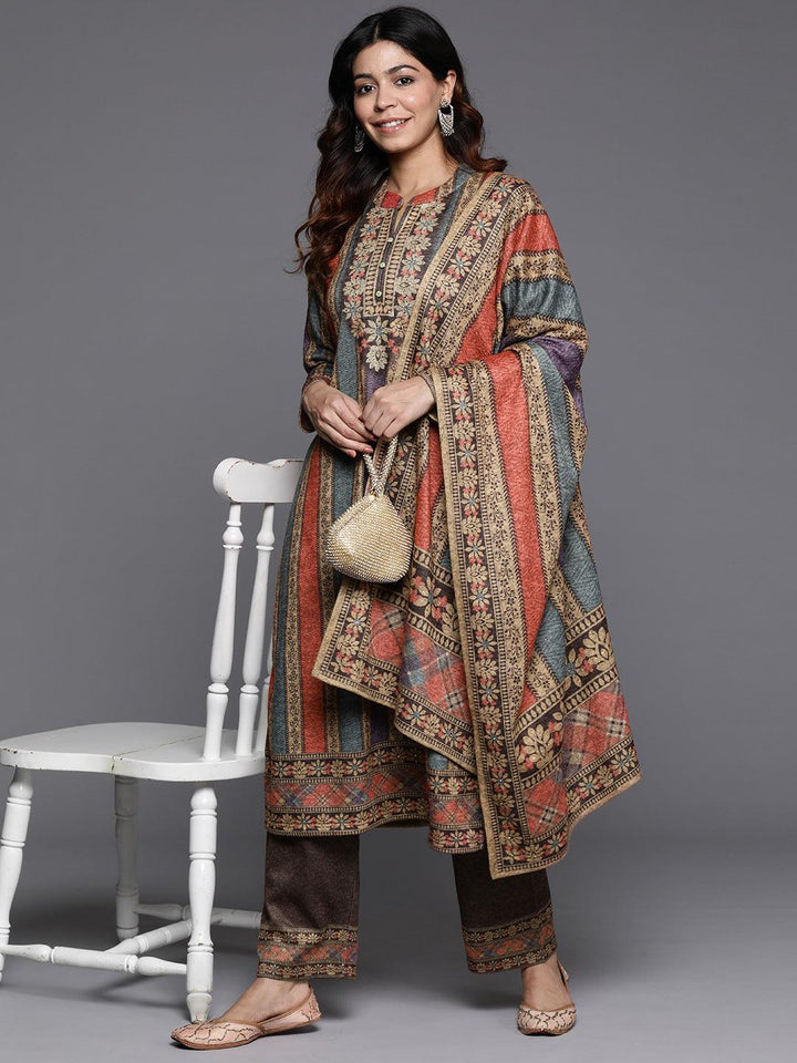 Multicoloured Printed Wool Blend Straight Suit With Dupatta