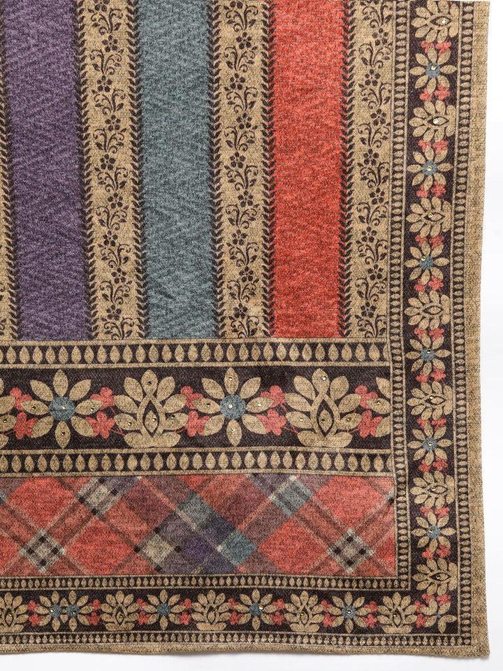 Multicoloured Printed Wool Blend Straight Suit With Dupatta