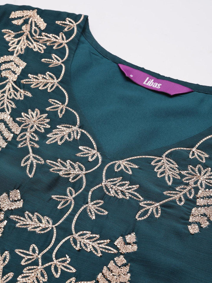 Teal Embroidered Chanderi Silk Straight Suit With Dupatta