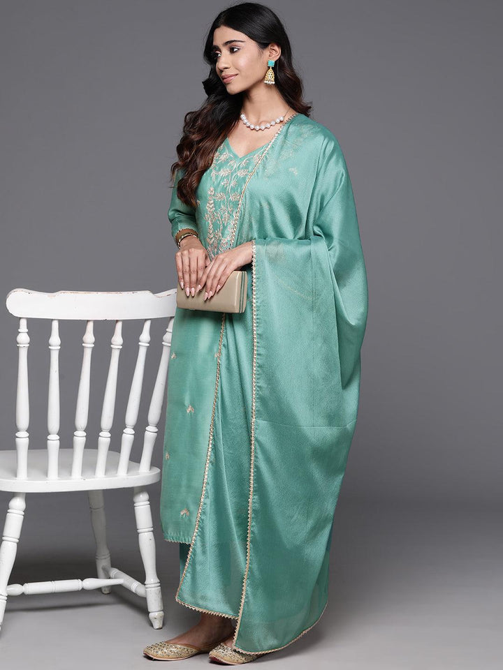 Green Embroidered Chanderi Silk Straight Suit With Dupatta