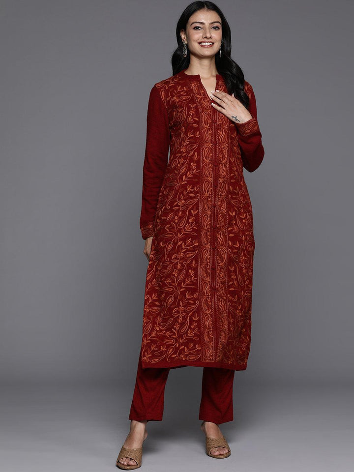 Red Embroidered Wool Straight Kurta Set