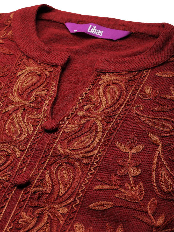 Red Embroidered Wool Straight Kurta Set