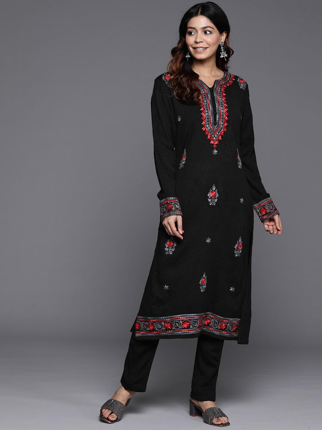 Black Embroidered Wool Straight Kurta With Trousers - ShopLibas
