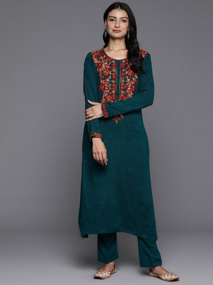 Green Yoke Design Wool Straight Kurta Set