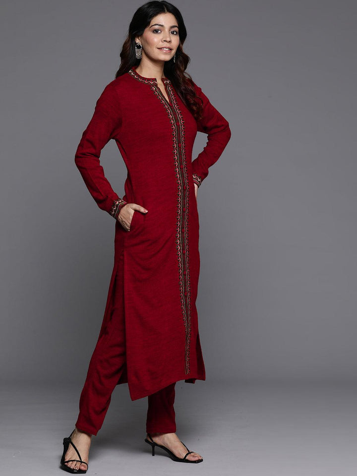 Red Embroidered Wool Straight Kurta Set