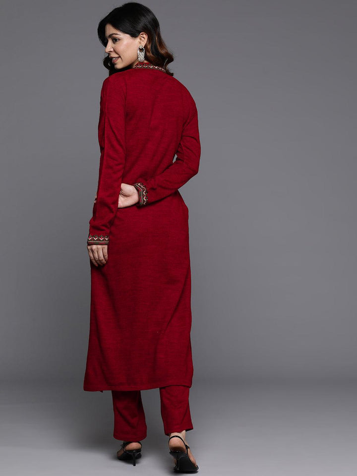 Red Embroidered Wool Straight Kurta Set