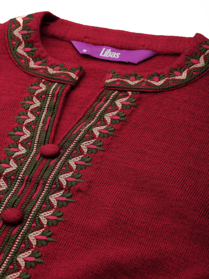 Red Embroidered Wool Straight Kurta Set