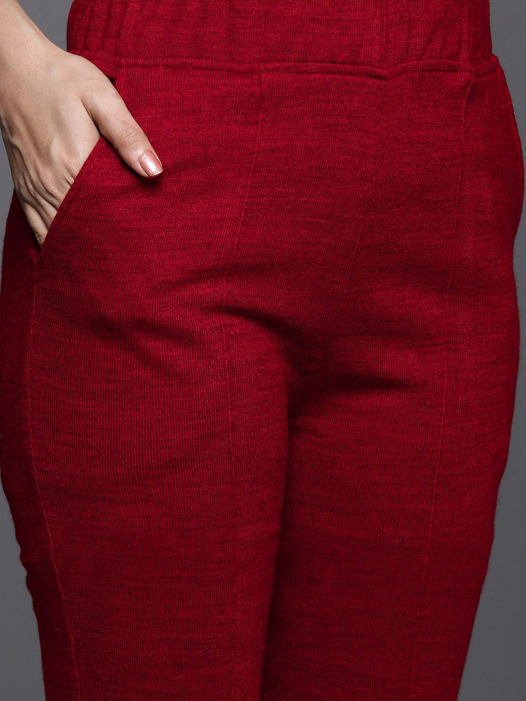 Red Embroidered Wool Straight Kurta With Trousers - ShopLibas