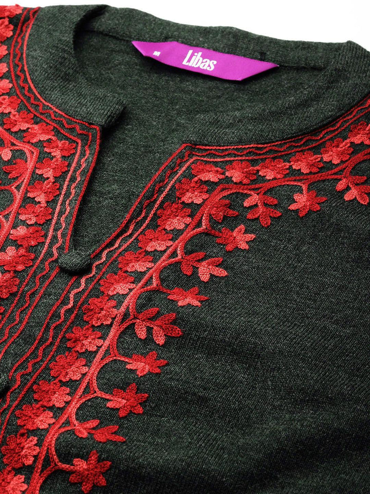 Green Embroidered Wool Straight Kurta Set