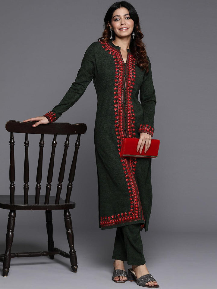 Green Embroidered Wool Straight Kurta Set