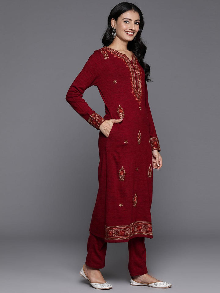 Red Embroidered Wool Straight Kurta Set