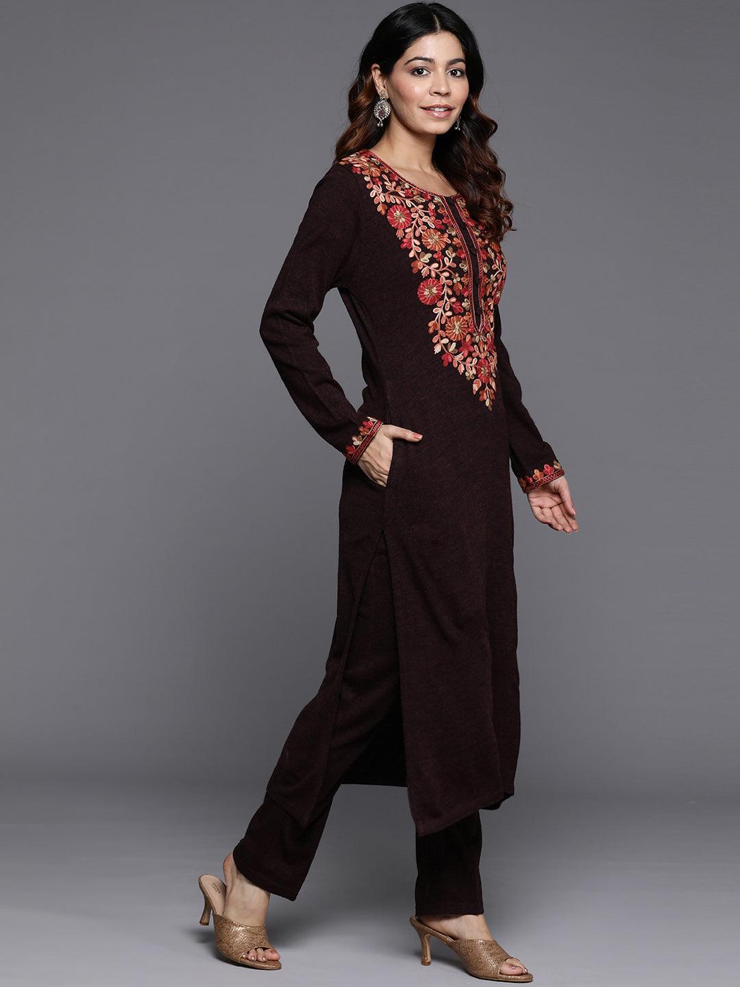 Wine Yoke Design Wool Straight Kurta With Trousers - ShopLibas