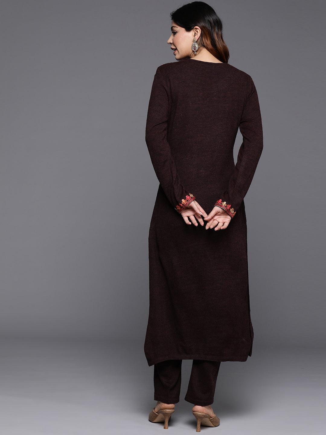 Wine Yoke Design Wool Straight Kurta With Trousers - ShopLibas