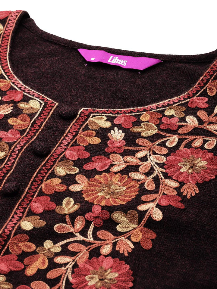 Wine Yoke Design Wool Straight Kurta Set