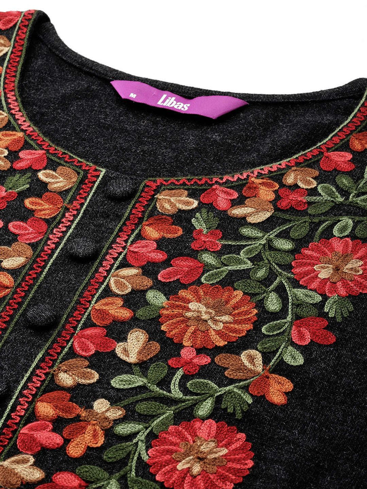 Black Yoke Design Wool Straight Kurta Set