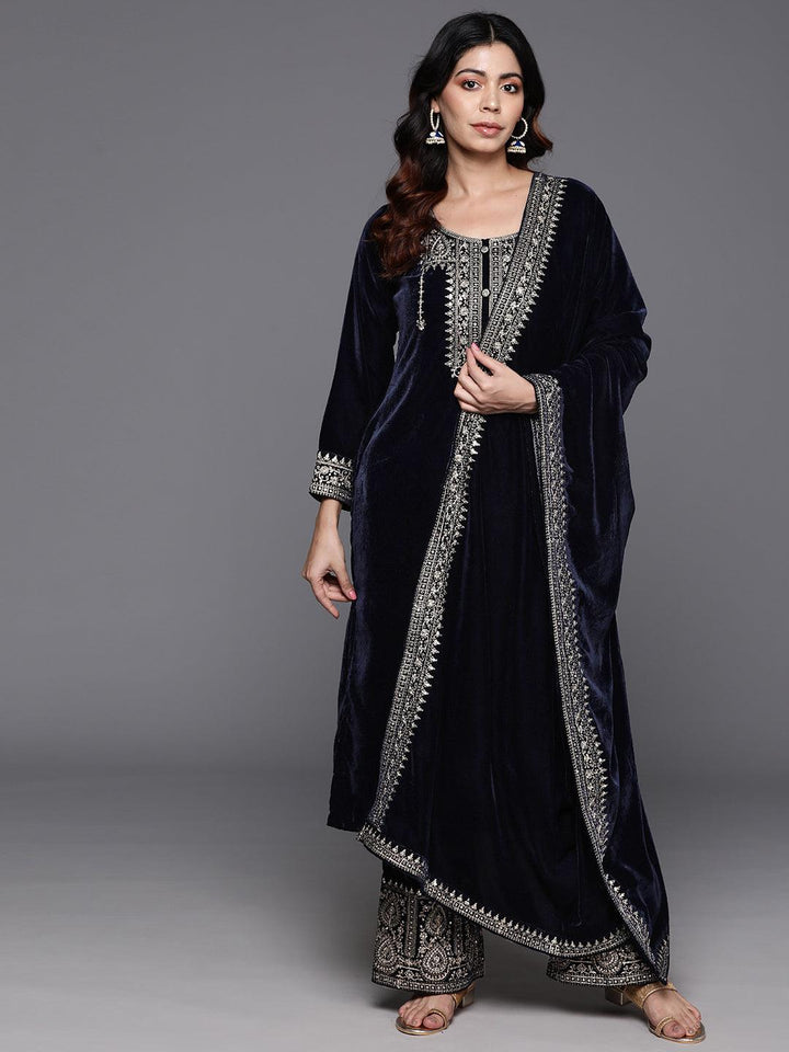 Navy Blue Yoke Design Velvet Straight Suit With Dupatta