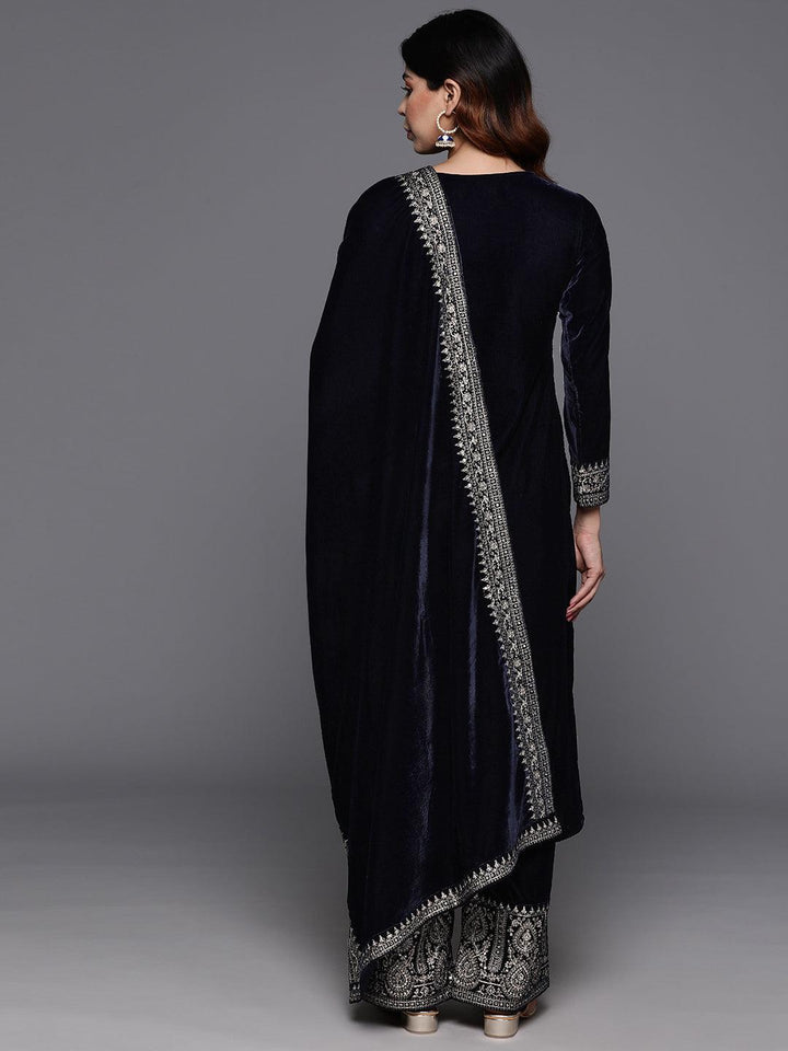 Navy Blue Yoke Design Velvet Straight Suit With Dupatta
