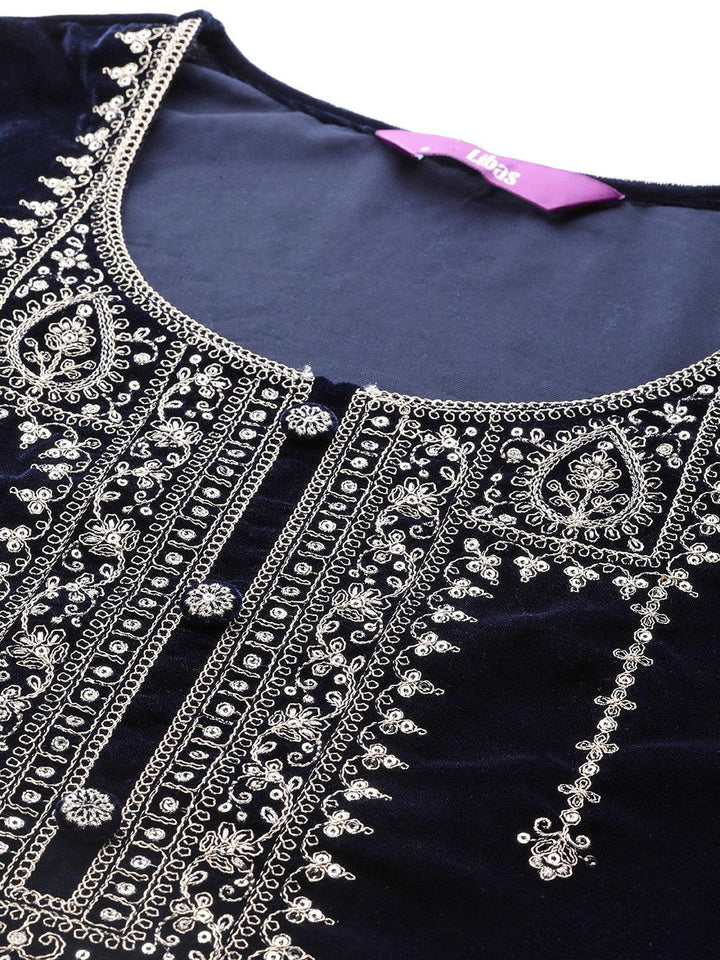 Navy Blue Yoke Design Velvet Straight Suit With Dupatta