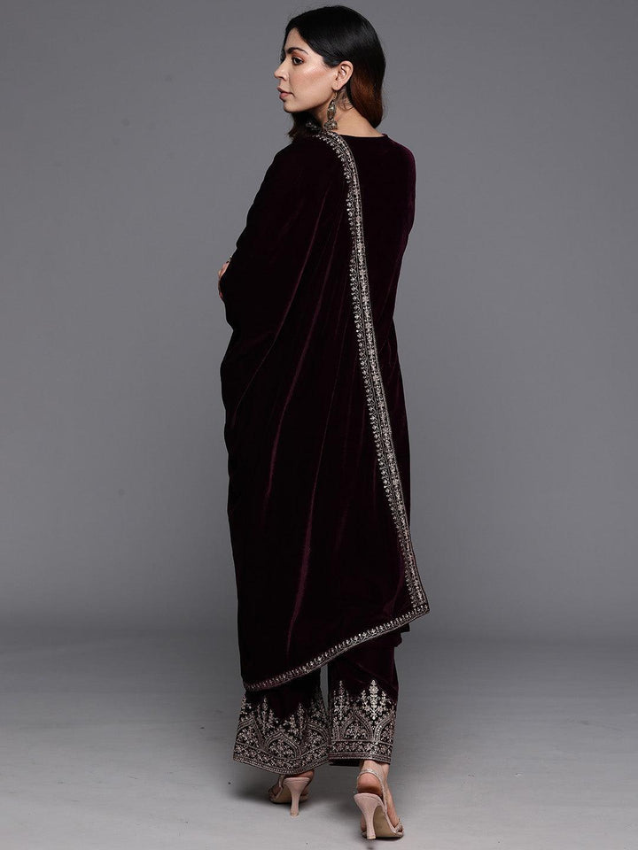 Purple Yoke Design Velvet Straight Suit With Dupatta