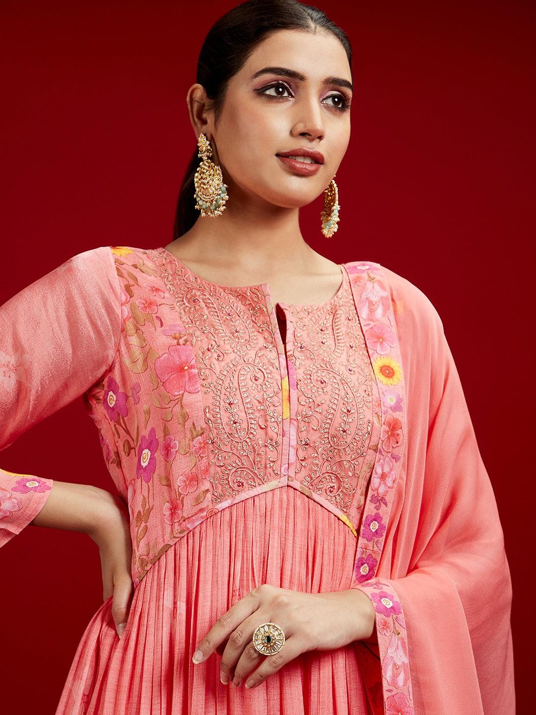 Libas Art Coral Printed Silk Chiffon Anarkali Kurta With Trousers & Dupatta - ShopLibas