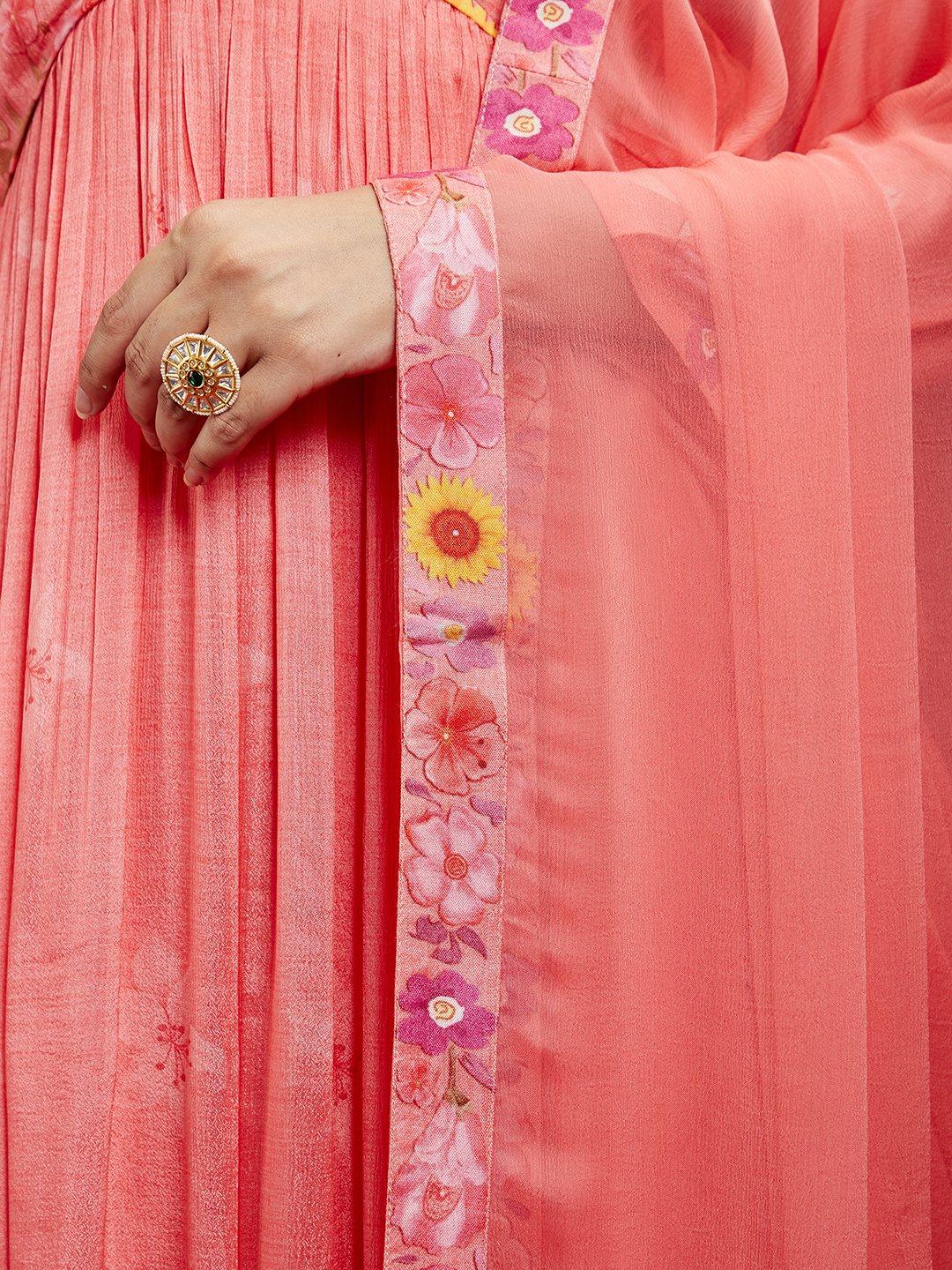 Libas Art Coral Printed Silk Chiffon Anarkali Kurta With Trousers & Dupatta - ShopLibas