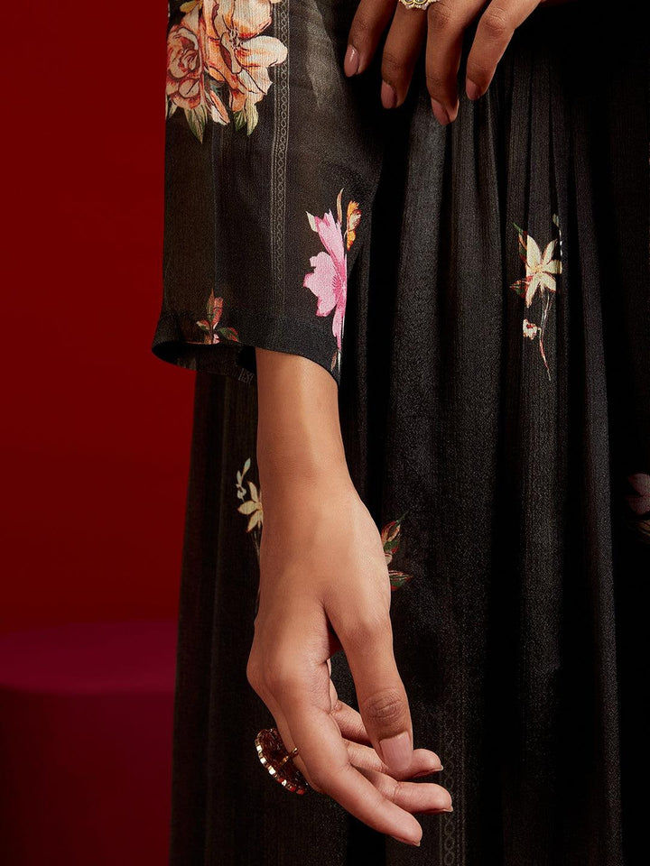 Libas Art Black Printed Silk Anarkali Suit With Dupatta