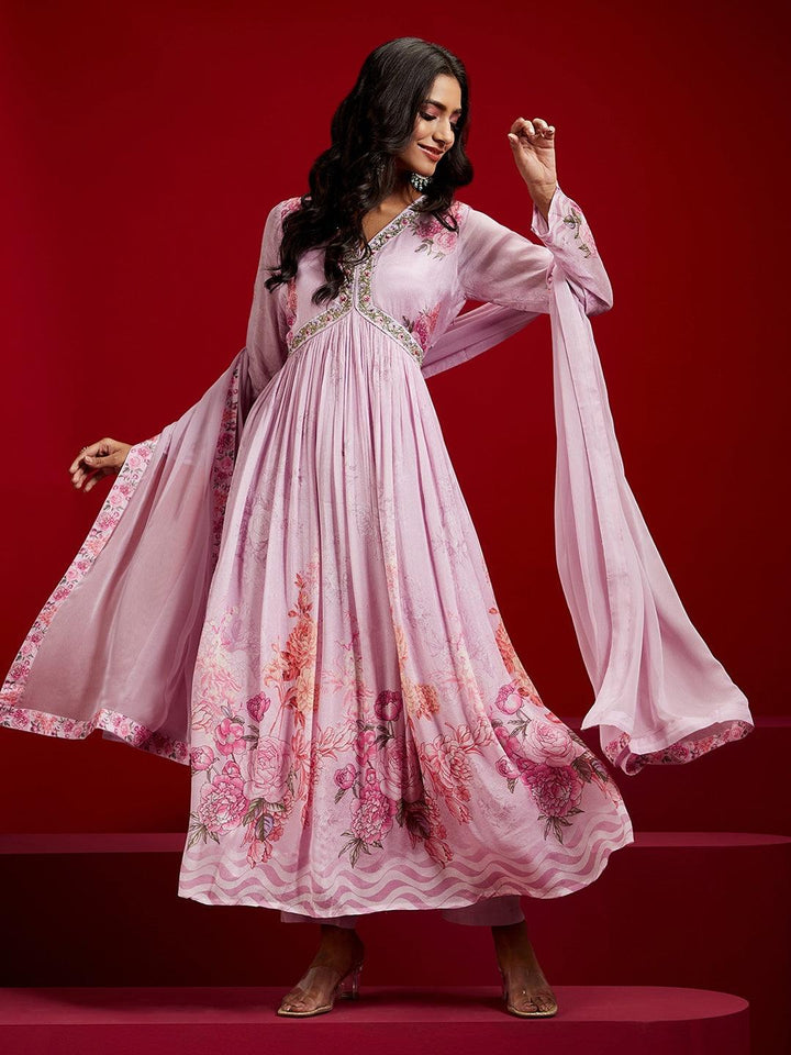 Libas Art Lavender Printed Silk Anarkali Suit With Dupatta