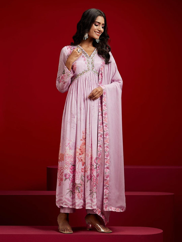 Libas Art Lavender Printed Silk Anarkali Suit With Dupatta