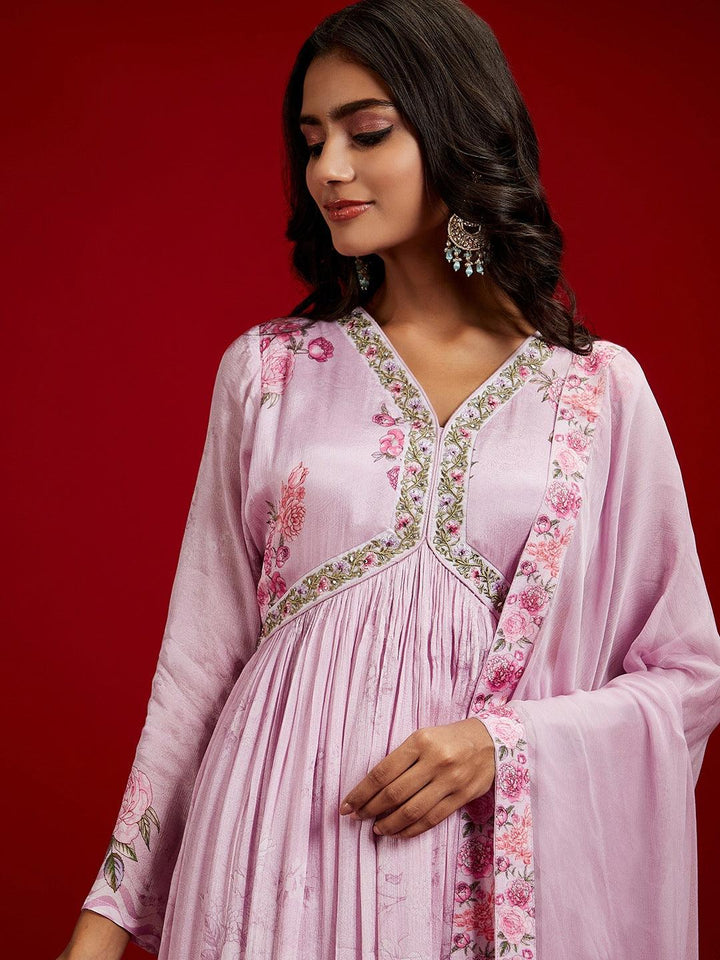 Libas Art Lavender Printed Silk Anarkali Suit With Dupatta