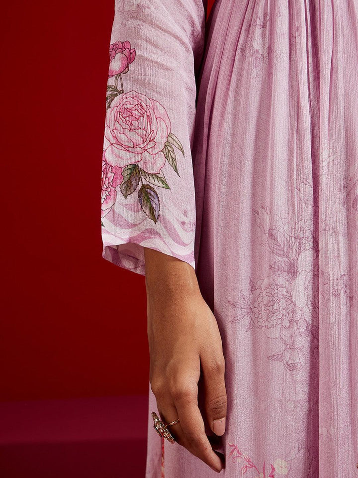 Libas Art Lavender Printed Silk Anarkali Suit With Dupatta