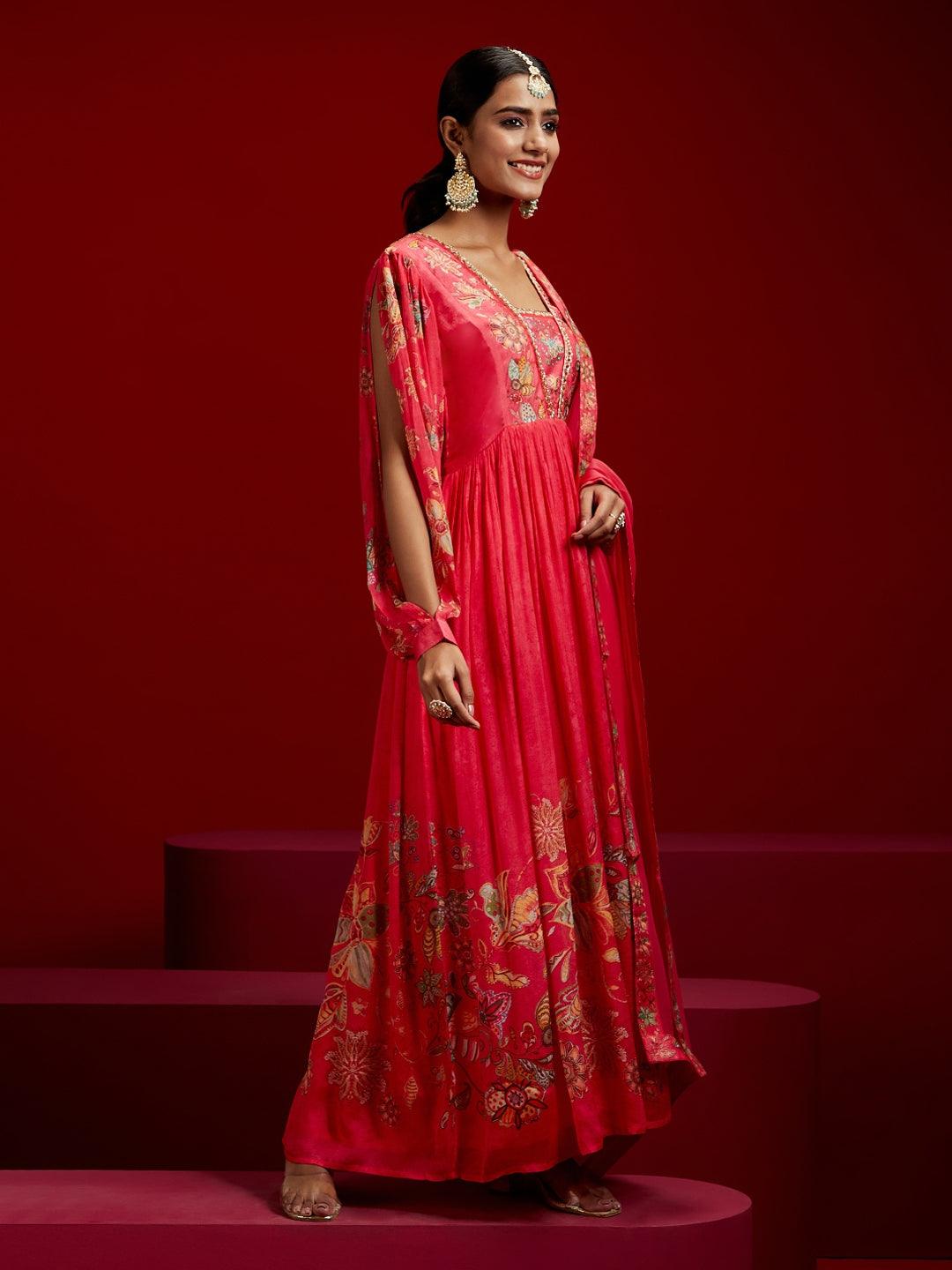 Libas Art Coral Printed Silk Chiffon Anarkali Kurta With Trousers & Dupatta - ShopLibas