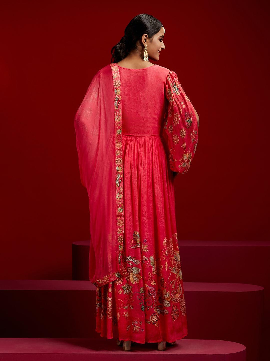 Libas Art Coral Printed Silk Chiffon Anarkali Kurta With Trousers & Dupatta - ShopLibas