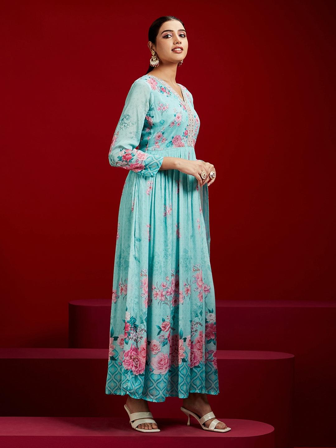 Libas Art Sea Green Printed Silk Chiffon Anarkali Kurta With Trousers & Dupatta - ShopLibas