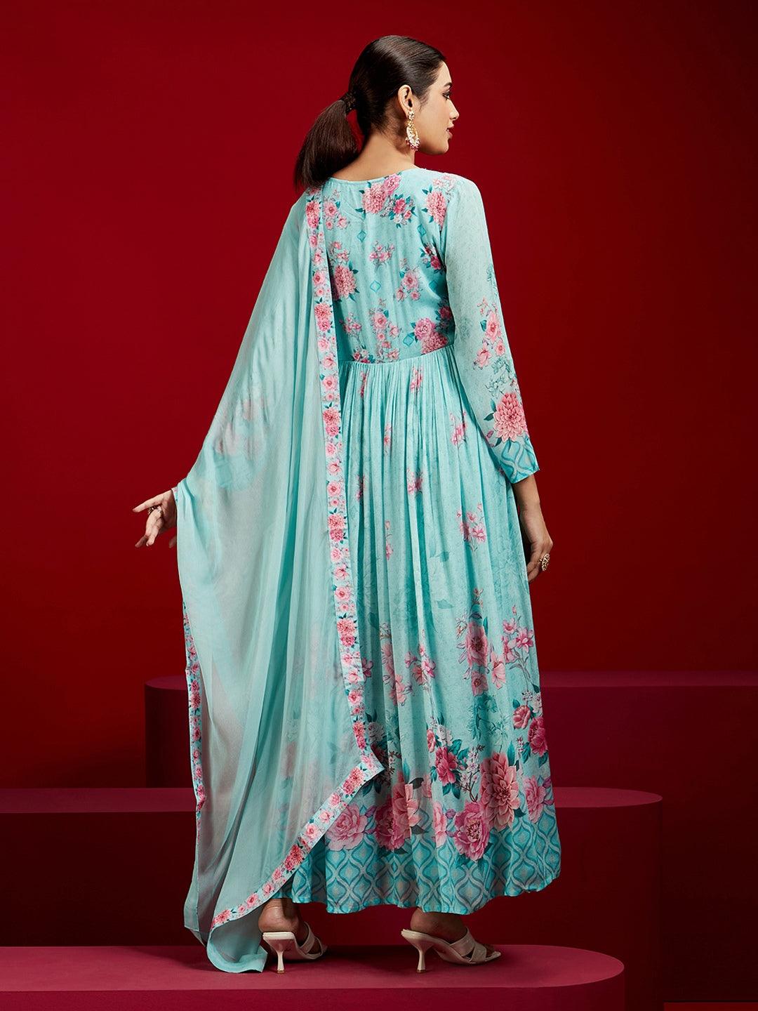 Libas Art Sea Green Printed Silk Chiffon Anarkali Kurta With Trousers & Dupatta - ShopLibas