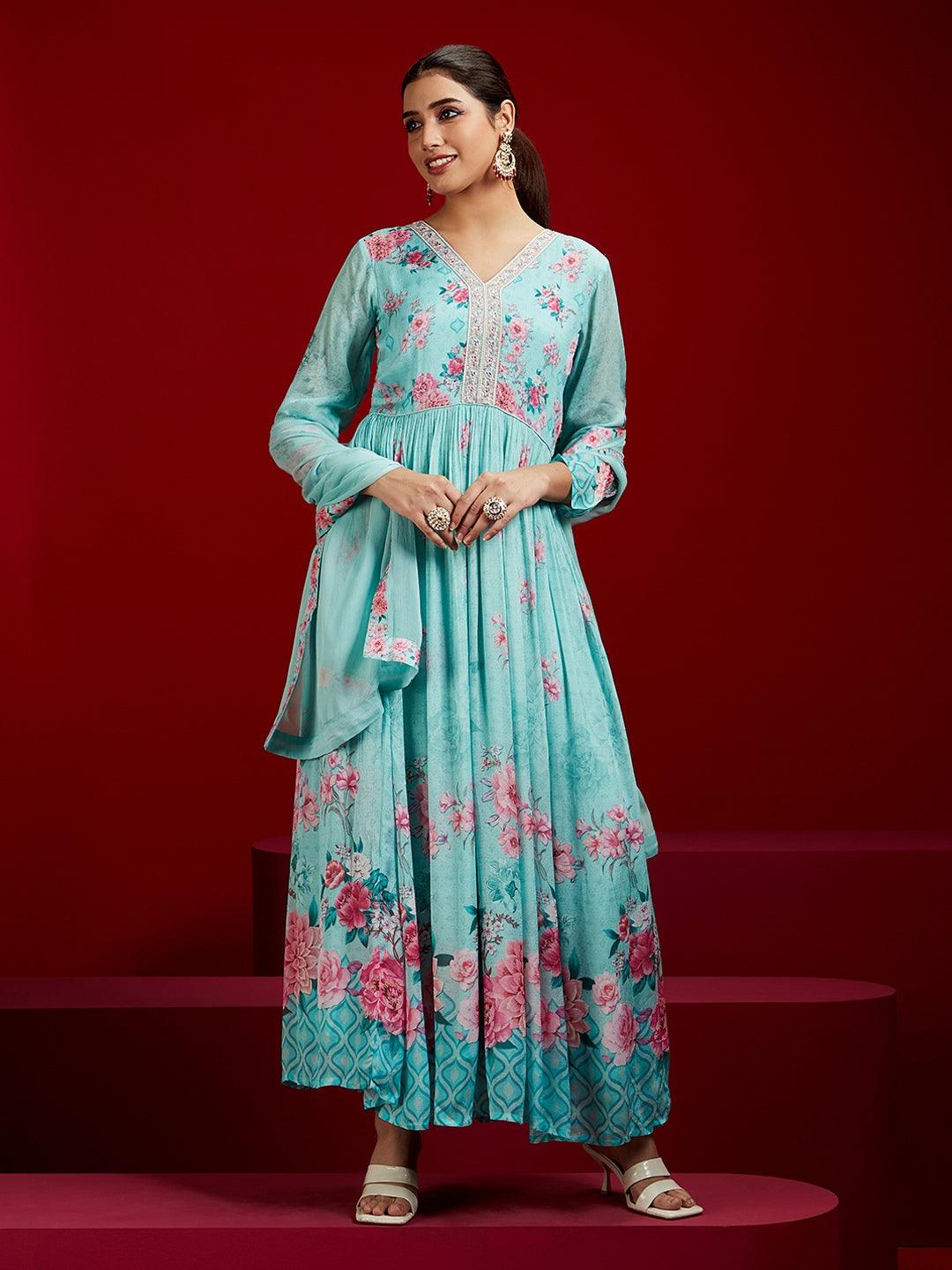 Libas Art Sea Green Printed Silk Chiffon Anarkali Kurta With Trousers & Dupatta - ShopLibas