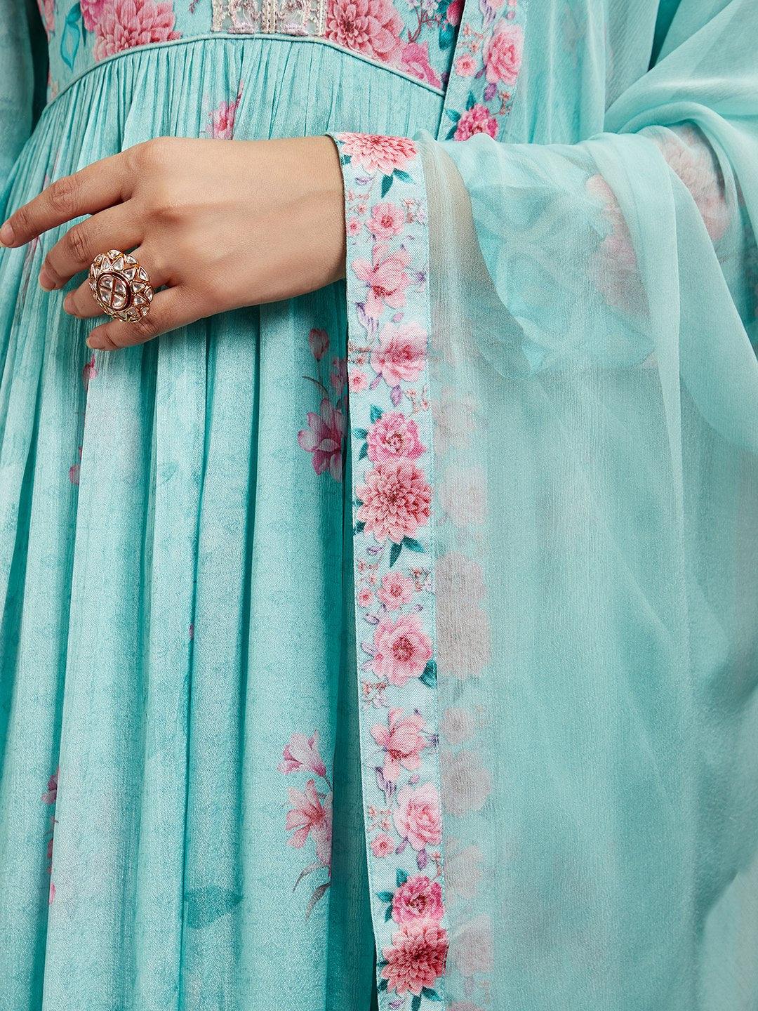 Libas Art Sea Green Printed Silk Chiffon Anarkali Kurta With Trousers & Dupatta - ShopLibas