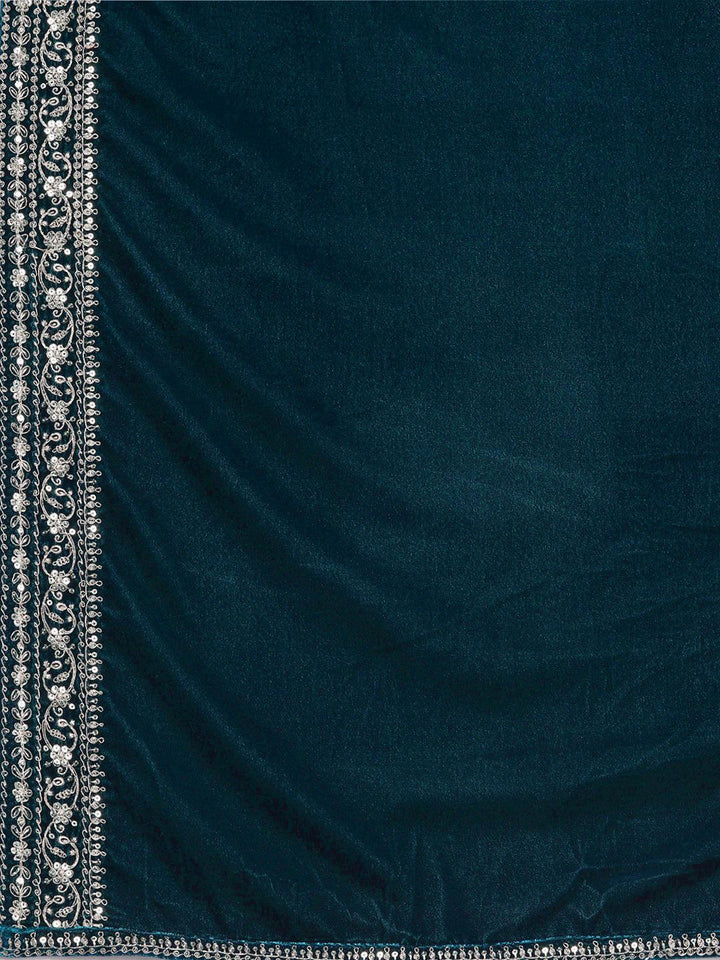 Teal Embroidered Velvet A-Line Kurta With Trousers & Dupatta