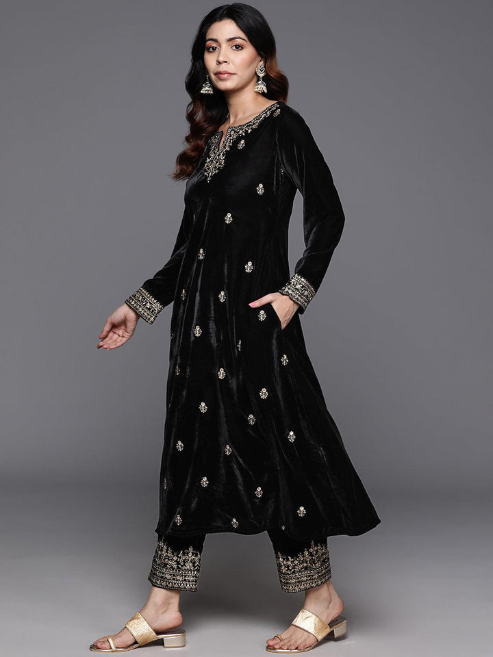 Black Embroidered Velvet A-Line Kurta With Trousers & Dupatta