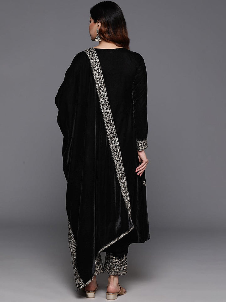 Black Embroidered Velvet A-Line Kurta With Trousers & Dupatta