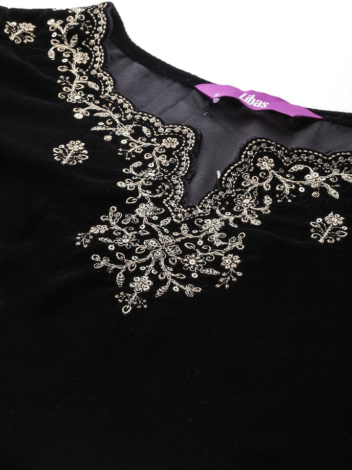 Black Embroidered Velvet A-Line Kurta With Trousers & Dupatta