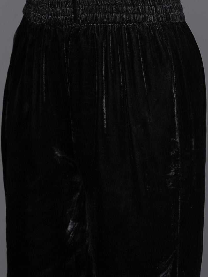 Black Embroidered Velvet A-Line Kurta With Trousers & Dupatta