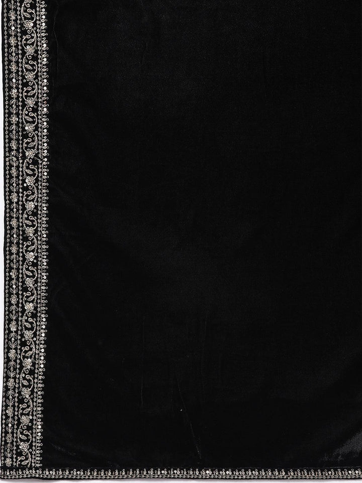 Black Embroidered Velvet A-Line Kurta With Trousers & Dupatta