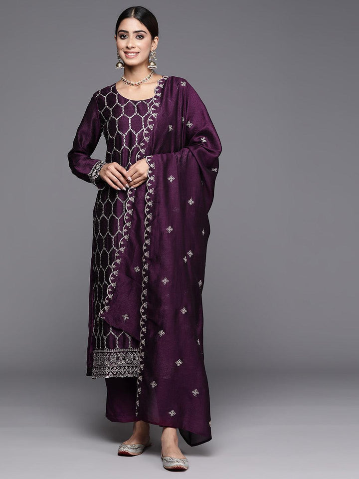 Wine Embroidered Silk Blend Straight Suit With Dupatta