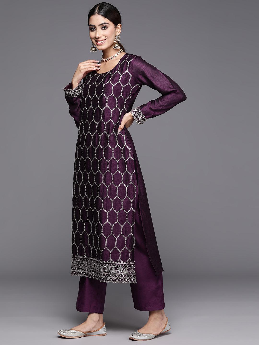 Wine Embroidered Silk Blend Straight Kurta With Trousers & Dupatta - ShopLibas