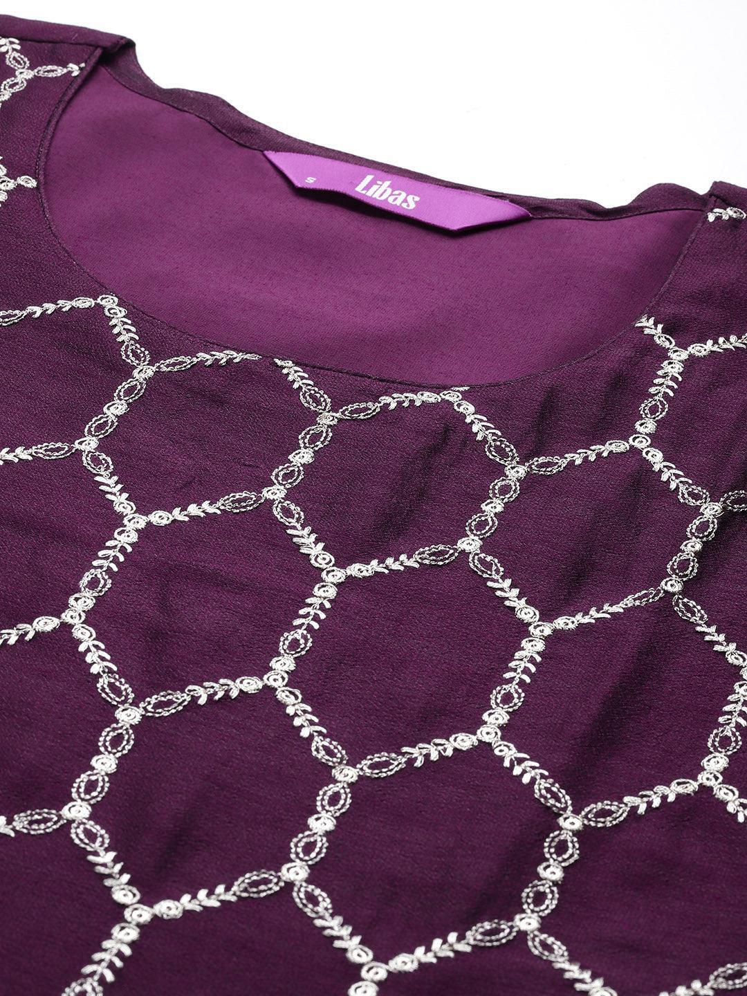 Wine Embroidered Silk Blend Straight Kurta With Trousers & Dupatta - ShopLibas