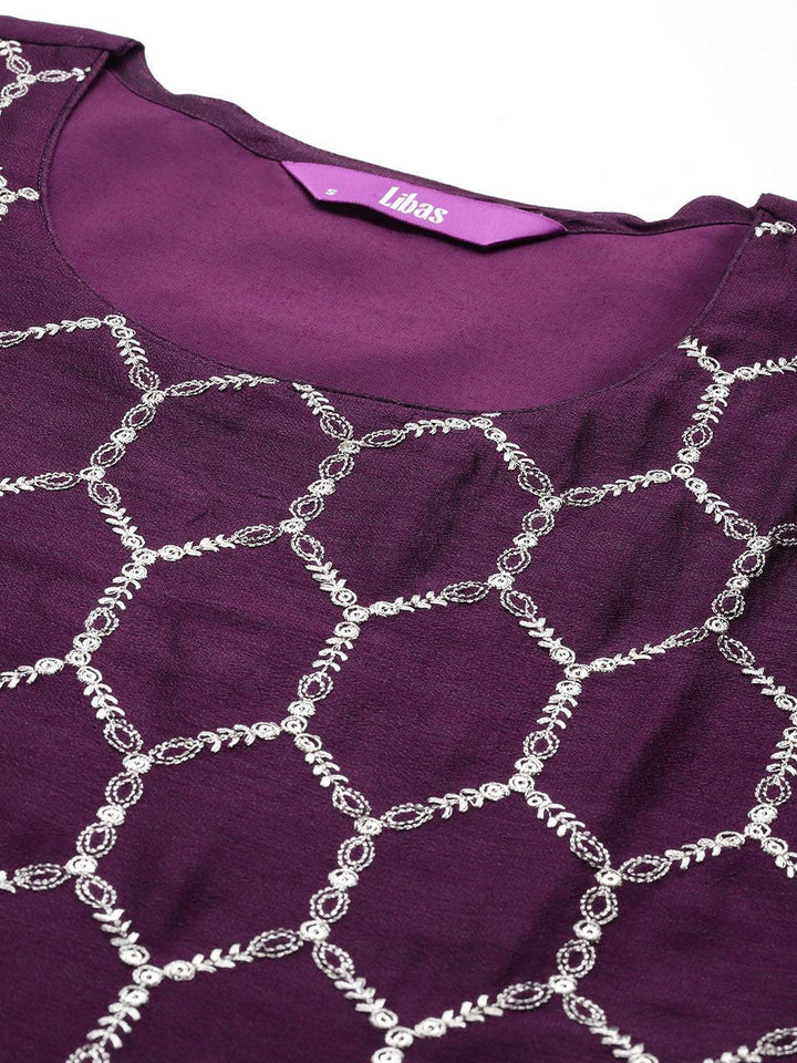 Wine Embroidered Silk Blend Straight Suit With Dupatta