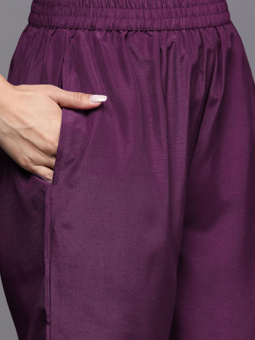 Wine Embroidered Silk Blend Straight Kurta With Trousers & Dupatta - ShopLibas